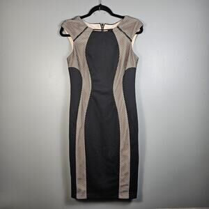 JAX Women Bodycon Black Dress Lined Cap Sleeve Size 6 Decorative Mesh
